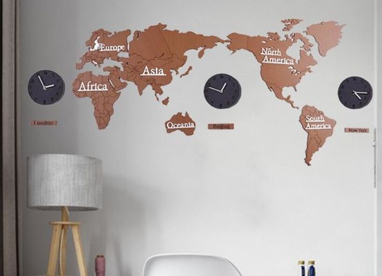 Worldmap Wooden Wall Clock Creative Large Hanging Wall Clocks